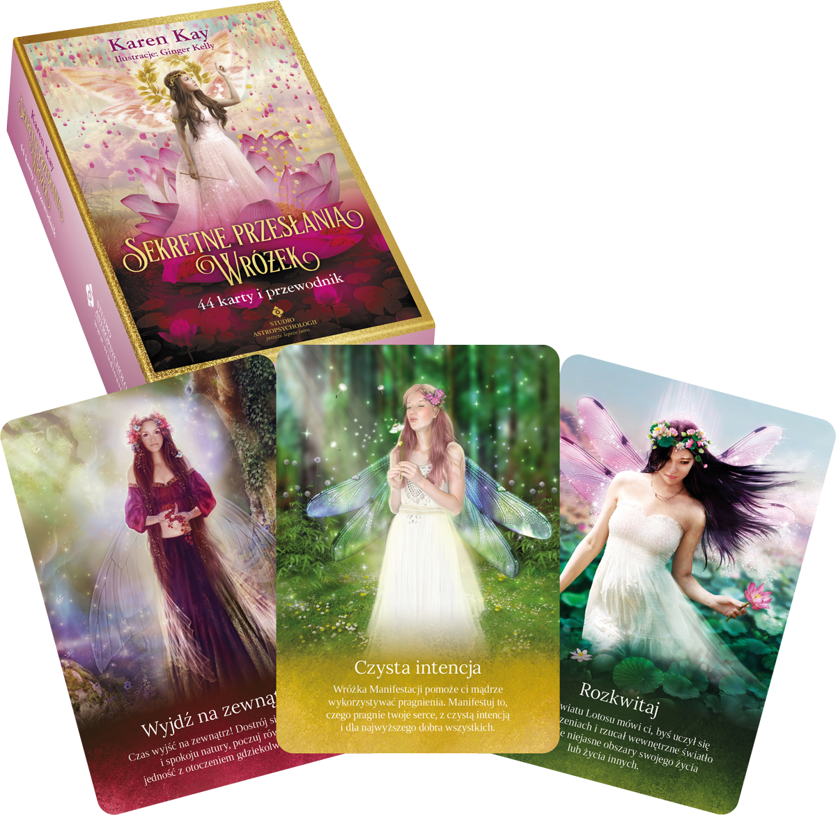 Zestaw „Sekretne przesłania wróżek” – pudełko z talią 44 kart duchowych autorstwa Karen Kay z ilustracjami Ginger Kelly oraz trzy przykładowe karty: „Wyjdź na zewnątrz”, „Czysta intencja” i „Rozkwitaj”, przedstawiające wróżki w baśniowych sceneriach.